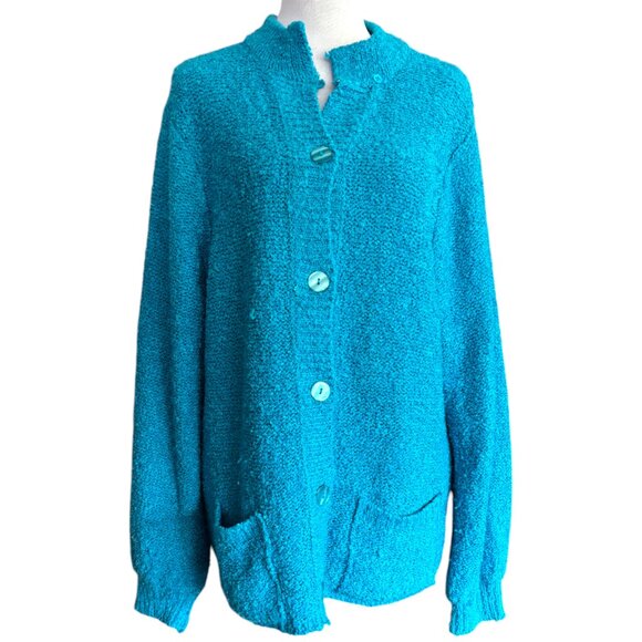 Joan Harper vintage chunky nubby blue button down cardigan sweater pockets sz S - Picture 2 of 9